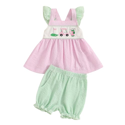 NANCHNEGGU 2PCS Baby Girls Fly Sleeve Golf Embroidered Striped Shirt Tank Tops + Striped Lantern Shorts Sets (Pink Green, 12-18 Months)