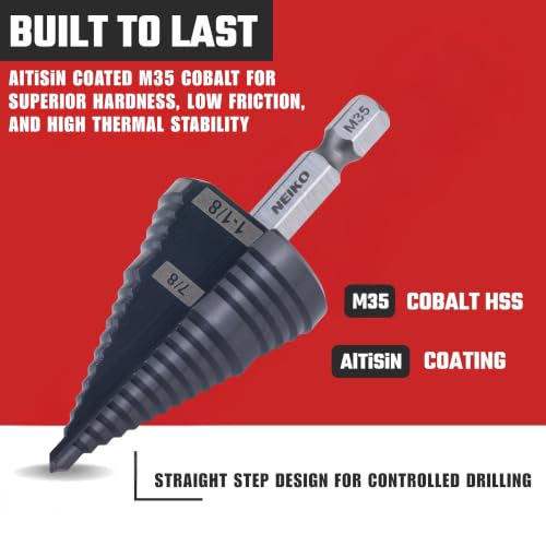 Image of NEIKO 10628B Step Drill Bit, 2 Steps 7 /8 inch to 1-1 /8 inch Straight M35 Cobalt, AlTiSiN Coated, 1 /4 inch Quick Change Step Bits for Steel, Metal, Wood, Plastic, Unibit Cone Drill Bits, Two Flute