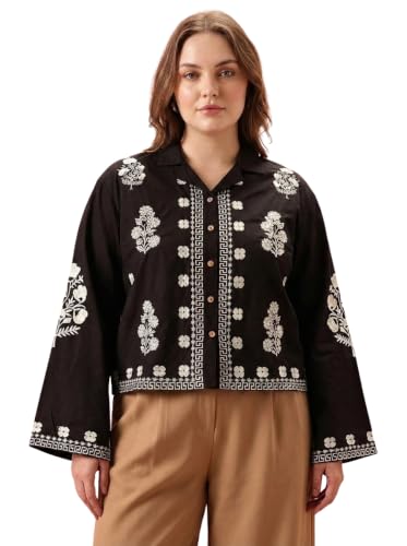 Image of Bee M Pee Designer Women's Embroidered Korean Crop Shirt | Full Bell Sleeves Western Tops for Woman Stylish | Oversized Formal /Casual /Office Wear Cotton Shirts Top for Women