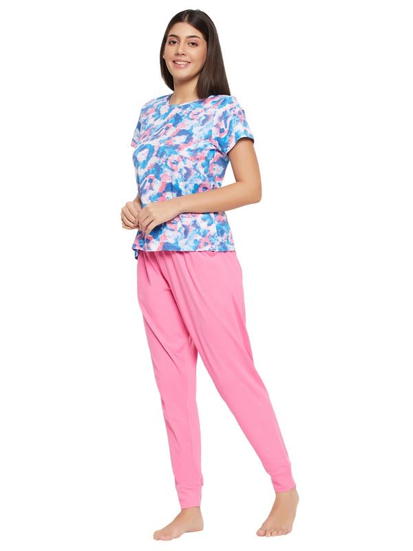 Image of Clovia Women's Cotton Printed Top & Pyjama Set - Blue