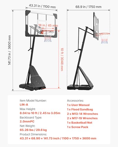 Image of VEVOR Basketball Hoop, Basketball Hoop 44 48 50 54 Inchs PC Backboard, 4.4-10FT Height Adjustable, Basketball Portable Hoop& Goal, Indoor /Outdoor Classic Basketball Court, Teen Adult School Park