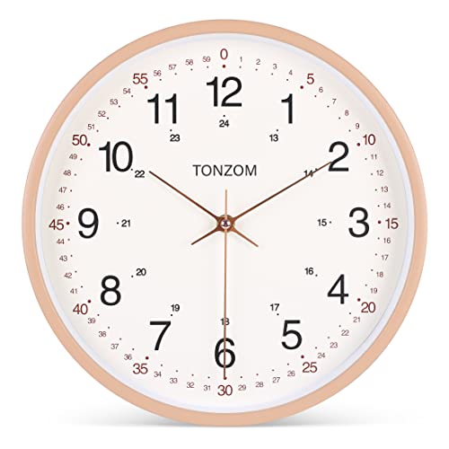 TONZOM Horloge Murale Moderne Horloge Murale Silencieuse à Piles 12 Pouces 24 Heures Horloge Murale Ronde en Verre Simple Décoration pour Chambre Salon Cuisine Bureau (Cadre Beige)