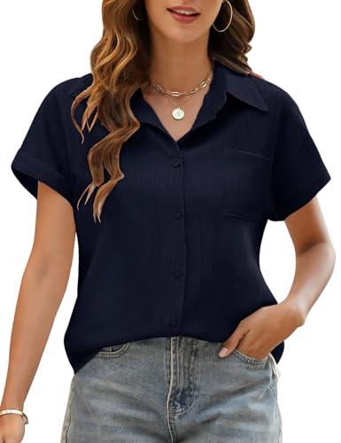 Niwicee Blusa Elegante para Mujer Camisa Lino Mujer Verano con Cuello en V Blusa Suelta Manga Corta Cardigan Mujer Verano Causal Informal con Botones Top con Bolsillos (Azul Marino, XL)