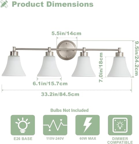 Image of LOUSACE 4 Light Bathroom Vanity Light Brushed Nickel Bathroom Lighting Fixtures Over Mirror with Opal White Frosted Glass, Vintage Traditional Wall Lighting Fixture Satin Nickel Vanity Lights