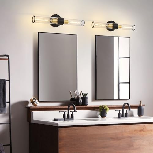 Image of Black and Gold Wall Sconce, Bathroom Light Fixtures in Clear Glass Indoor Wall Sconces, Modern Sconce Wall Lighting Up and Down Vanity Lights Fixtures for Bathroom - Bulb Not Included