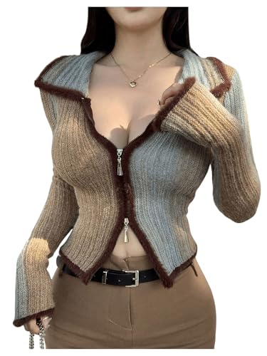 Image of SHENHE Women's Zip Up Cardigan Collared Long Sleeve Fitted Y2k Knit Crop Top Sweater Mint Green X-Large