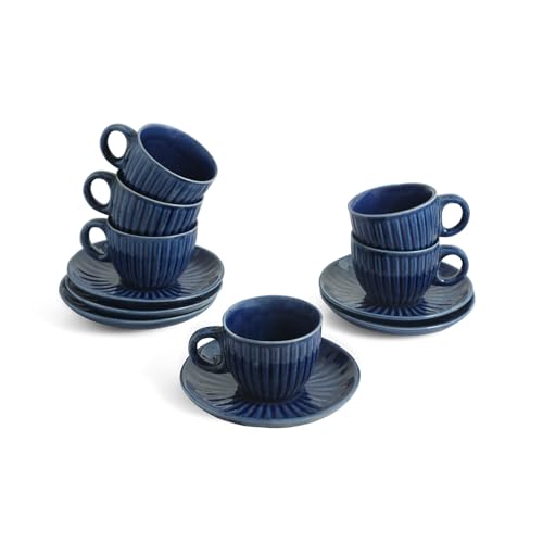 Image of ExclusiveLane 'Midnight Ripped' Hand Glazed Ceramic Tea Cups with Saucer Ceramic Coffee Cups Chai Tea Cup (Set of 6, 150 ML, Microwave Safe, Dishwasher Safe)
