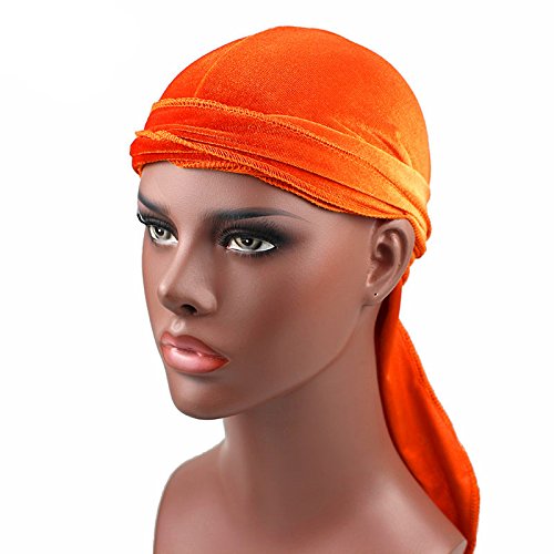 Men's Velvet Durags Bandana Turban Hat Wigs Doo Durag Biker Headwear Headband Pirate Hair Accessories (Orange)