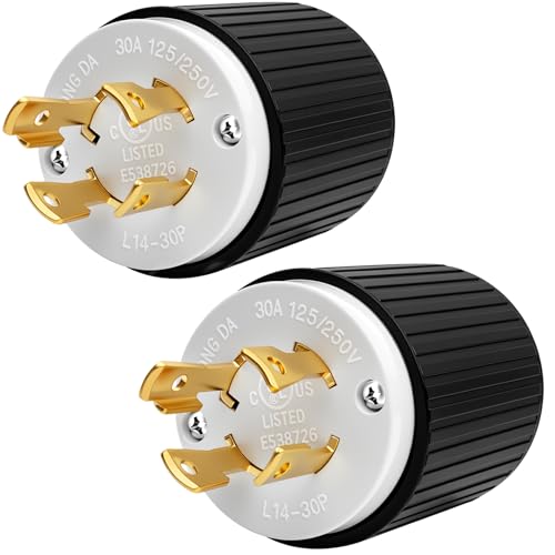 2Pack NEMA L14-30P Locking Plug, 30 Amp 125/250V Twist Lock Male Plug, 3 Pole 4 Wire Grounding, Industrial Heavy Duty Generator Adapter, UL Listed , Black/White