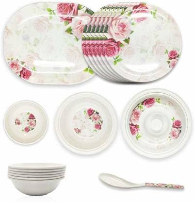 HIMART32 Pcs Melamine Dinner Set with 6 Full Plates, 6 Small plats, 12 Veg Bowls, 3 Serving Bowl with 2 lids, 2 Serving Spoons, 1 Serving Tray for Kitchen (Rose Shiny)