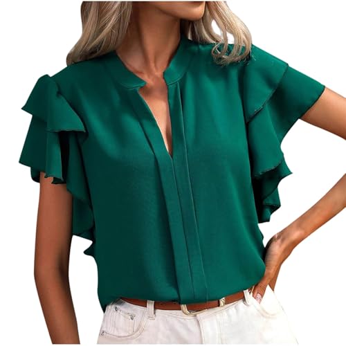 Camiseta Mujer Manga Corta Camisa Blusa Volante Verano Moda Casual Color Sólido Suelto Cuello en V Tops Tshirt Elegante Oficina Fiesta Basic tee 2025