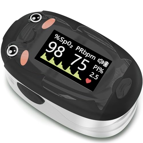 Image of Alecaremed Pulse Oximeter for Kids, Adorable Animal Children Oxygen Monitor Fingertip with 20 x Memory, 4 Color OLED Display Blood Oxygen Saturation Monitor with Alarm, Batteries and Lanyard (Black)