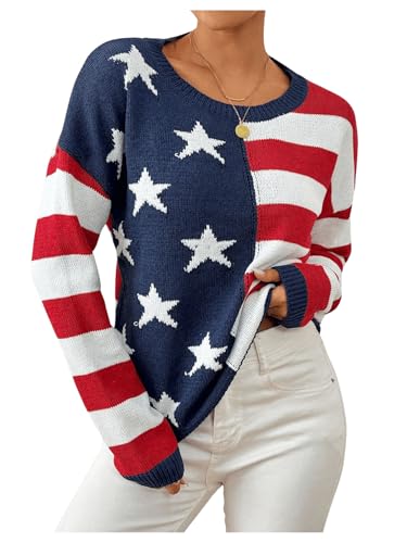 SweatyRocks Women's American Flag Sweater USA Star Striped Knit Sweater Crew Neck Pullover Long Sleeve Top4