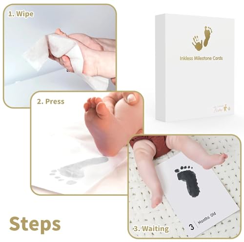 Image of Premium Inkless Monthly Milestone Cards Kit with Baby Hand & Footprint Keepsake Set|14 Elegant Milestone Cards & 14 Inkless Towelettes|Non-Toxic & Safe Memory Kit for Newborn Babies - Black