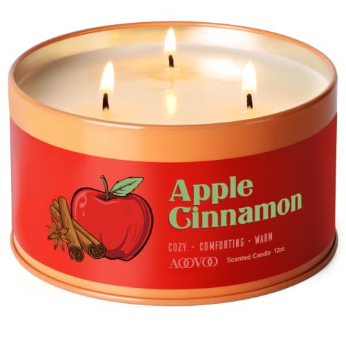 Image of AOOVOO Apple Cinnamon Candle - 3 Wick 12oz Large Fall Candles, Soy Wax Strong Scented Candle Non Toxic, Long Lasting Aromatherapy Candle for Home, Autumn Candle Gift for Women Men