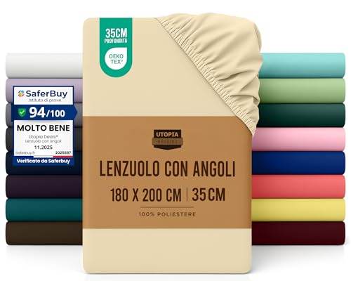 Utopia Bedding Lenzuolo con Angoli Due Piazze Matrimoniale - 180x200cm - Beige - Microfibra di Poliestere Spazzolato - Lenzuolo sotto con Angoli Elasticizzato