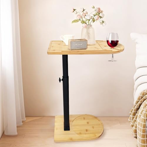 SEHAUSEU Mesa Auxiliar Forma C Bambú Metal Moderna Altura Ajustable, Side Table, Mesa Auxiliar de Cama, Mesa de Sofá, Mesilla de Noche, Mesa de Cuidado, para Salón Dormitorio Baño, Estilo C