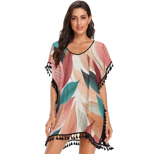 Red Leave Art Pattern Women's Beach Cover Up Chiffon Tassel Swimwear Swimsuit Coverups for Girl