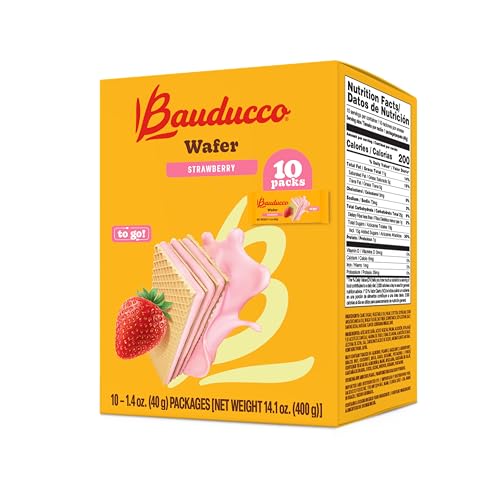 Image of Bauducco Wafer Cookies, Strawberry, Single Serve, 14.1 oz (Pack of 10) - Individually Wrapped Crispy Wafers - Triple-Layer Cream-Filled Dessert - Convenient Indulgence To-Go.