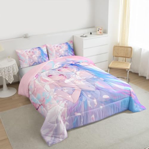 Image of Erosebridal 3D Kawaii Girly Bedding King Size, Japanese Girl Comforter Set for Kids Toddler Girls Cherry Blossoms Bedding Comforter Sets, Watercolor Romance Duvet Set Happy Friendship Down Comforter
