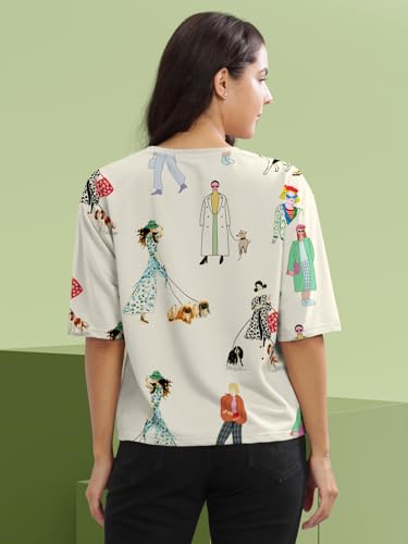 Image of HELLCAT Beige Printed Loose Fit Crew-Neck Crop T-Shirt for Women