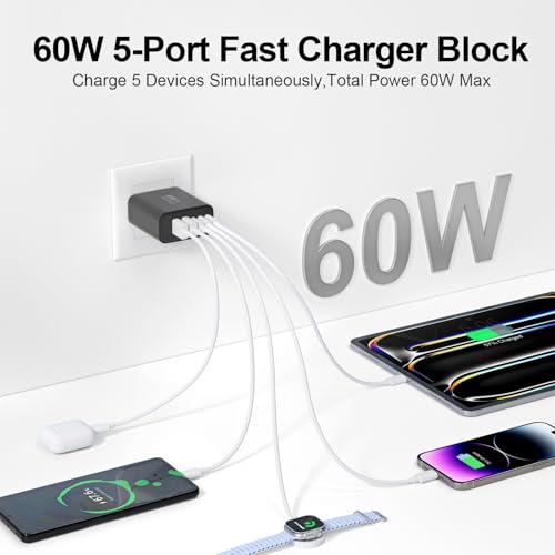 Image of USB C Charger Block, 60W 5-Port Type C Charger Fast Charging Blocks | USBC Multiple Port Wall Charger Plug for iPhone 17 /16 /15 /14 /13 /12 /11 Pro Max, Samsung Galaxy, Android Phone, iPad, Black
