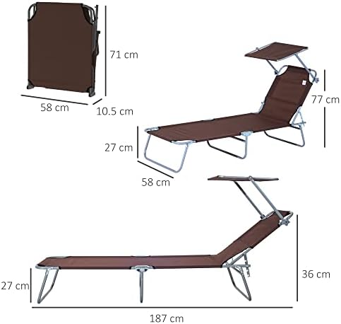 Outsunny Reclining Chair Sun Lounger Folding Lounger Seat with Sun Shade Awning Beach Garden Outdoor Patio Recliner Adjustable (Brown)