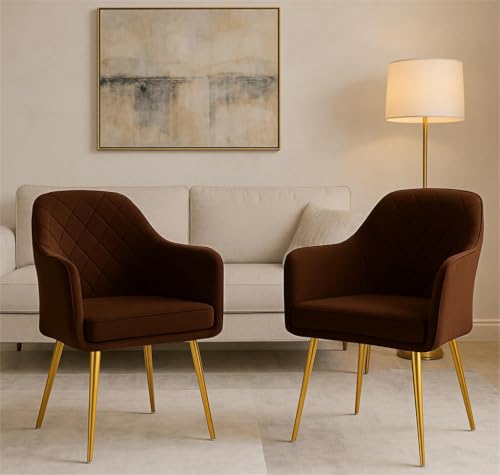 Image of Set of 2 Accent Chair for Living Room | Modern Armchair in Soft Velvet Fabric with Sturdy Legs | Premium Chair for Home Living Room Bedroom Restaurent | (Gold Legs, Dark Brown Burfi Design)