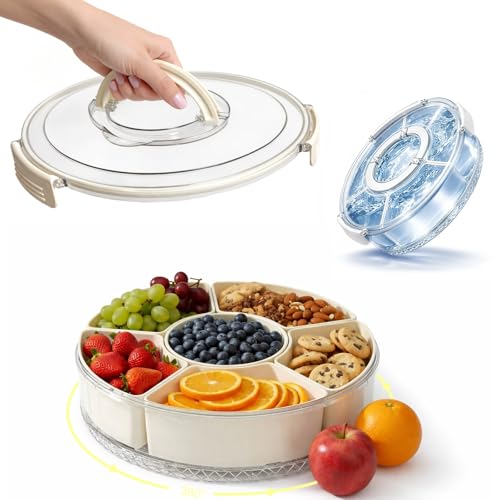 SFSUNYQ Vegetable Serving Tray with Lid and Handle, 12-Inch Rotating Fruit Tray with 5 Divided...