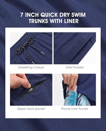 Image of Gleeease 7inch Mens Swim Trunks 2 in 1 with Compression Liner Pockets Drawstring Quick Dry Stretch Lined Funny Beach Pool