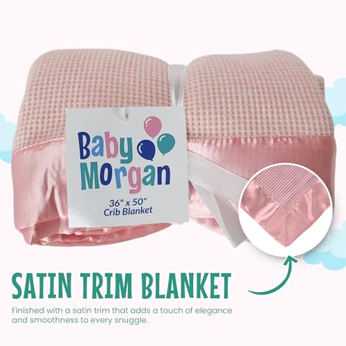 Image of Blankets Thermal Waffle Baby Blanket Crib Bedding - Soft Cozy Warm Infant Thermal Cover for Nursery Stroller or Bassinet, Lightweight Ideal Shower Gift, Satin Trim Pink 36 inch x 50 inch