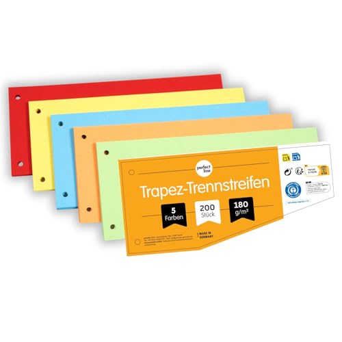 perfect line - 200 divisori per raccoglitori A4, divisori in cartone riciclato, forma trapezoidale, 5 colori, 2 forati, Made in Germany, certificato Blauer Engel