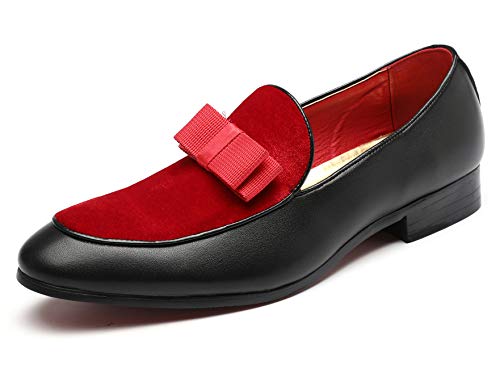 Mens Loafers Velvet Driving Shoes for Men Leather Moccasin Wedding Dress Smoking Slipper Bow Black Red