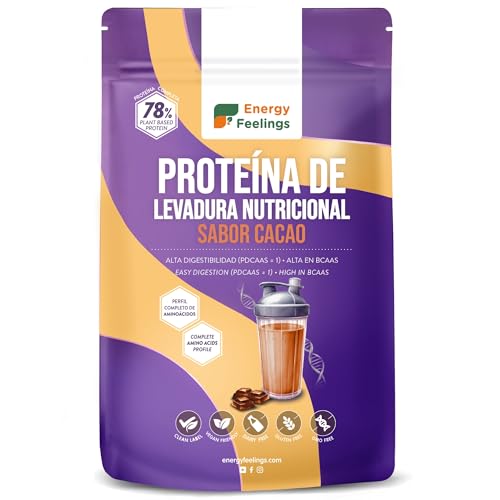 Energy Feelings Proteína de Levadura Nutricional en Polvo Sabor Cacao 500g, Proteína Vegana Sin Lactosa y Sin Gluten para Masa Muscular con Todos los Aminoácidos Esenciales, Vegan Protein Powder