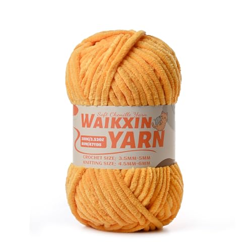 Image of (Golden Yellow) Super Soft Fuzzy Chenille Chunky Yarn for Crocheting, 100g (87yds) Fluffy Velvet Yarn for Hand Knitting Baby Blankets Weaving Craft