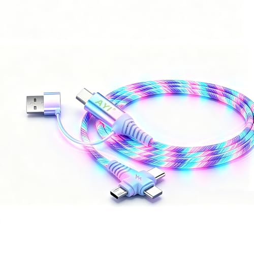 Image of AYI 6-in-1 USB Charging Cable with Colorful Flowing LED Light, 1m PVC Tangle-Free Universal Sync Cord, Smart Trickle Charging for Phones, Tablets, and More (Cross-Shaped Design)-Colorful 39 inches