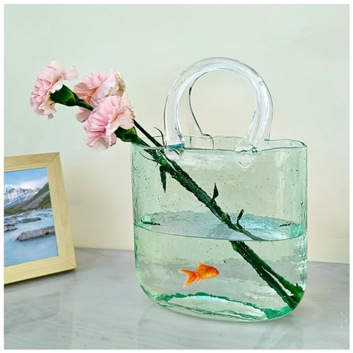 Florero De Vidrio para Bolso, con Asa Jarron En Forma De Bolso Florero Cristal, para La DecoracióN De La Oficina De La Boda,Style1-Green
