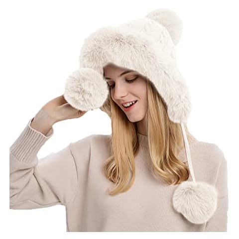 YAMEE Winter Beanie Hats for Women with Ear Flaps Faux Fur Crochet Skull Cap Warm Outdoor Ski Snow Hats Pompoms White Cover