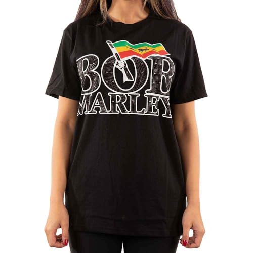 Bob Marley Shirt avec Logo Drapeau en Strass-Unisexe-Noir, XL Mixte