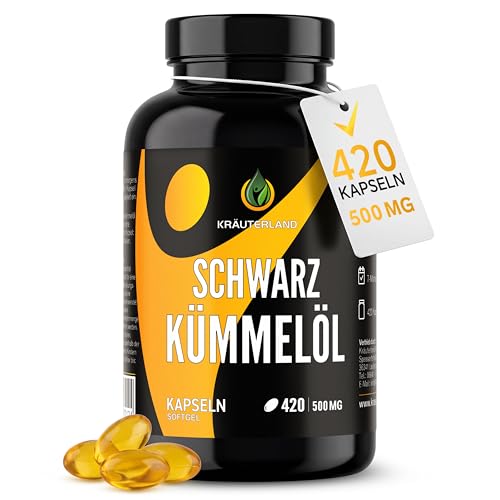 Kräuterland Schwarzkümmelöl Kapseln 420 Stück, hochdosiert (1000mg pro Tagesdosis), 100% Nigella Sativa, Omega Fettsäuren, ohne Zusatzstoffe, hoher Thymochinon, Deutsche Premium Qualität