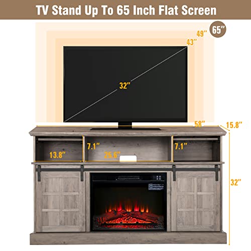 Lghm Fireplace Tv Stand For 65 Inch Tv, Entertainment Center With 23" Electric Fireplace, 58" Farmhouse Tv Stand With Sliding Barn Door, Tall Tv Console With Flip Drawers, Wash Gray #TOP7