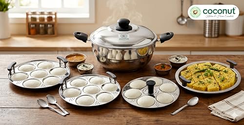 Image of Coconut Stainless Steel Idli & Dhokla Steamer 4.5L | 20 Idli Capacity | Heavy Gauge | Induction & Gas Compatible | Sandwich Bottom | Multipurpose Steamer with SS Lid for Momos & Veggies