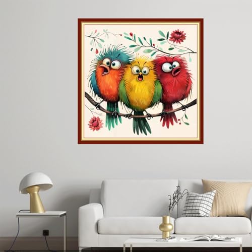 Image of Joyhoor Cross Stitch Kits for Beginners Stamped Cross-Stitch Supplies Needlework preprint Embroidery Kits for Adults DIY Needlepoint Kit Embroidery Patterns 11CT-Three Mischievous Birds 18x18 inch