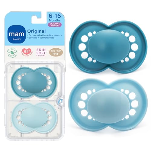 Image of MAM Original Matte Baby Pacifiers 6-16 Months, Binky for Newborn Babies, BPA-Free Skin Soft Silicone Nipple, Easy to Clean, Developed with Medical Experts, 2 Count, With Sterilizer Case Made in Europe