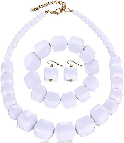 Halawly White Beads Necklace, Acrylic Costume Jewelry for Women Girls Chunky Statement Strand Necklaces with Bracelet Dangle Earrings, Big African Beaded Necklace Halloween Christmas Festivals Gift