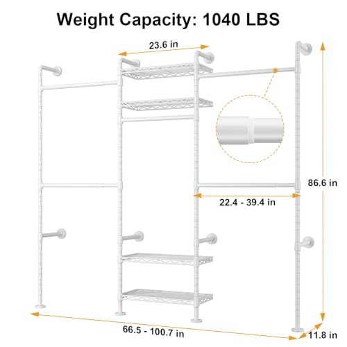 Image of ULIFHOME M7 Wall-Mounted Clothes Rack, Heavy-Duty Garment Closet Rack | Metal Clothing Storage Organizer with Shelves and Expandable Hangers, (66.5-100.7) inchL x 11.8 inchD x 86.6 inchH for Hanging, White