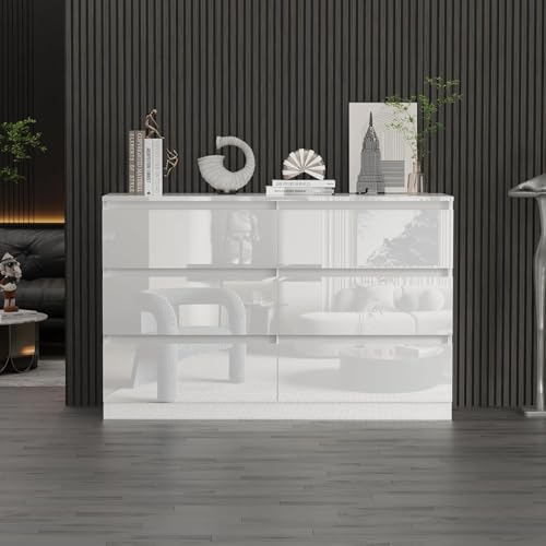 LSLIFE Weiße Schwarz Kommode mit 6/7/8 Schubladen Hochglanz Schlafzimmerschrank Nachttisch Sideboard Stauraum Möbel für Wohnzimmer Büro Flur (6 Schubladen weiß)