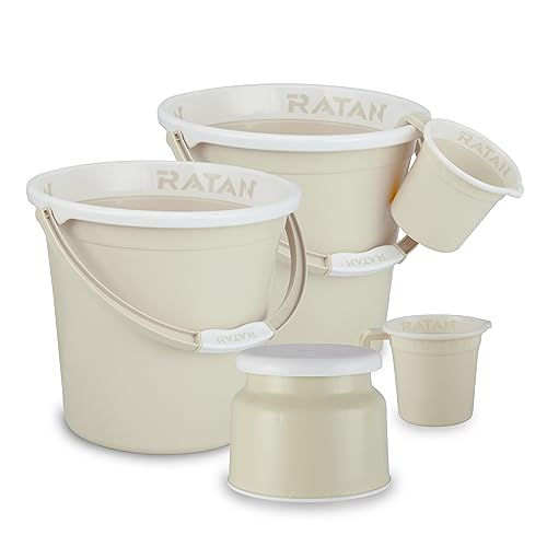 Image of RATAN PLASTICWARE Plastic Bathroom Set of 5 Pieces Combo Pack Gloria Plain 18 Liters 2 Pieces Bucket + Nova Stool Patla 107 + Two Gloria Plain Bath Mug 1 Liter Color Twist Beige