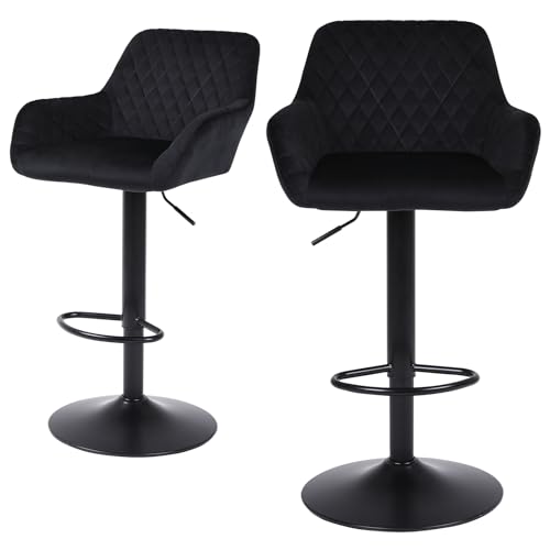 ralex-chair Barhocker 2er Set, Höhenverstellbare Drehbare Barhocker aus Samtstoff, Frühstücks-Esshocker mit Rückenlehne und Armlehne für Bar, Theke und Küche, Schwarz