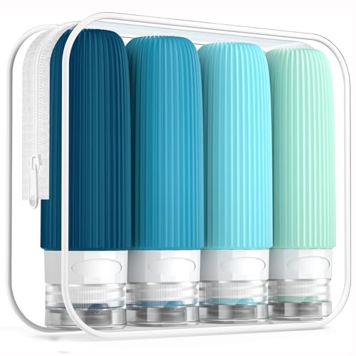 Mrsdry Travel Bottles for Toiletries, Tsa Approved 3oz Portable Travel Bottles, BPA Free Leak Proof Squeezable Silicone Travel Size Containers, Travel Accessories with Clear Toiletry Bag (4 Pack)
